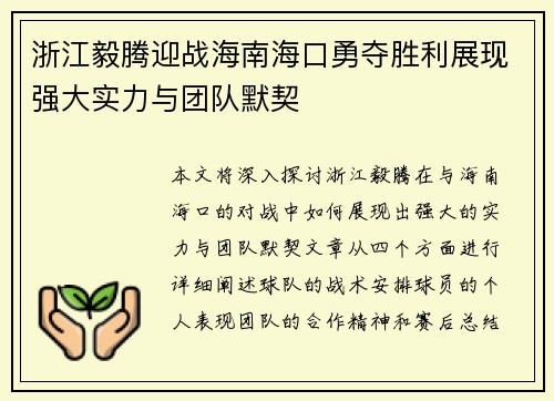 浙江毅腾迎战海南海口勇夺胜利展现强大实力与团队默契