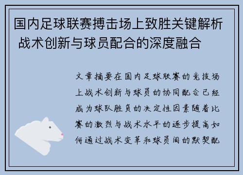 国内足球联赛搏击场上致胜关键解析 战术创新与球员配合的深度融合