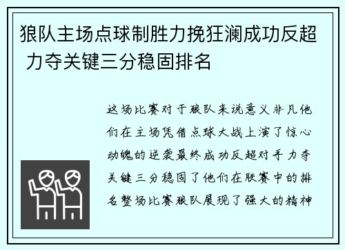 狼队主场点球制胜力挽狂澜成功反超 力夺关键三分稳固排名