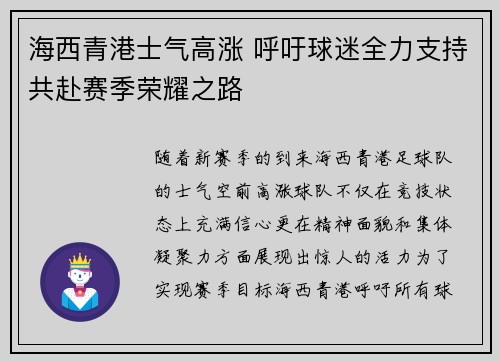海西青港士气高涨 呼吁球迷全力支持共赴赛季荣耀之路