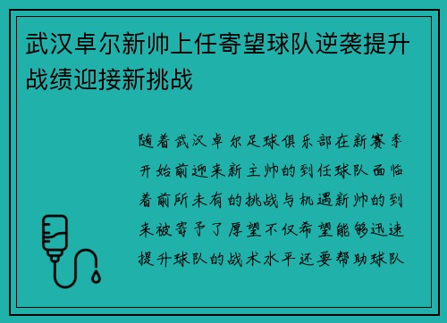 武汉卓尔新帅上任寄望球队逆袭提升战绩迎接新挑战