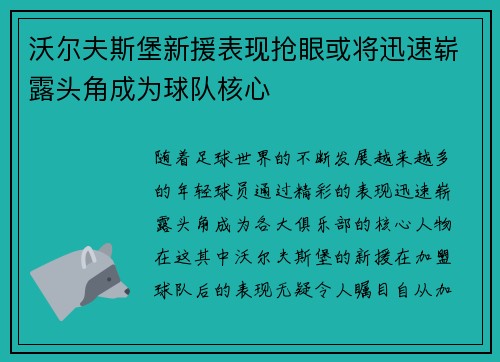 沃尔夫斯堡新援表现抢眼或将迅速崭露头角成为球队核心