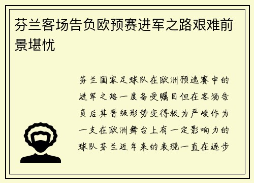 芬兰客场告负欧预赛进军之路艰难前景堪忧
