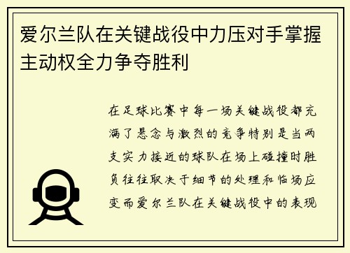 爱尔兰队在关键战役中力压对手掌握主动权全力争夺胜利
