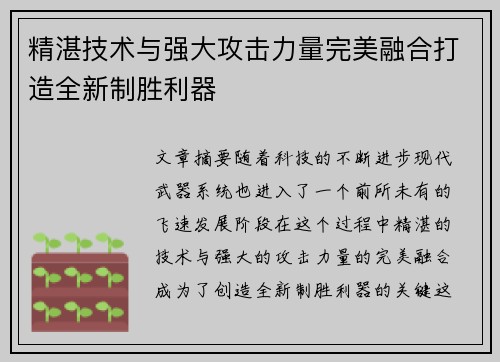 精湛技术与强大攻击力量完美融合打造全新制胜利器
